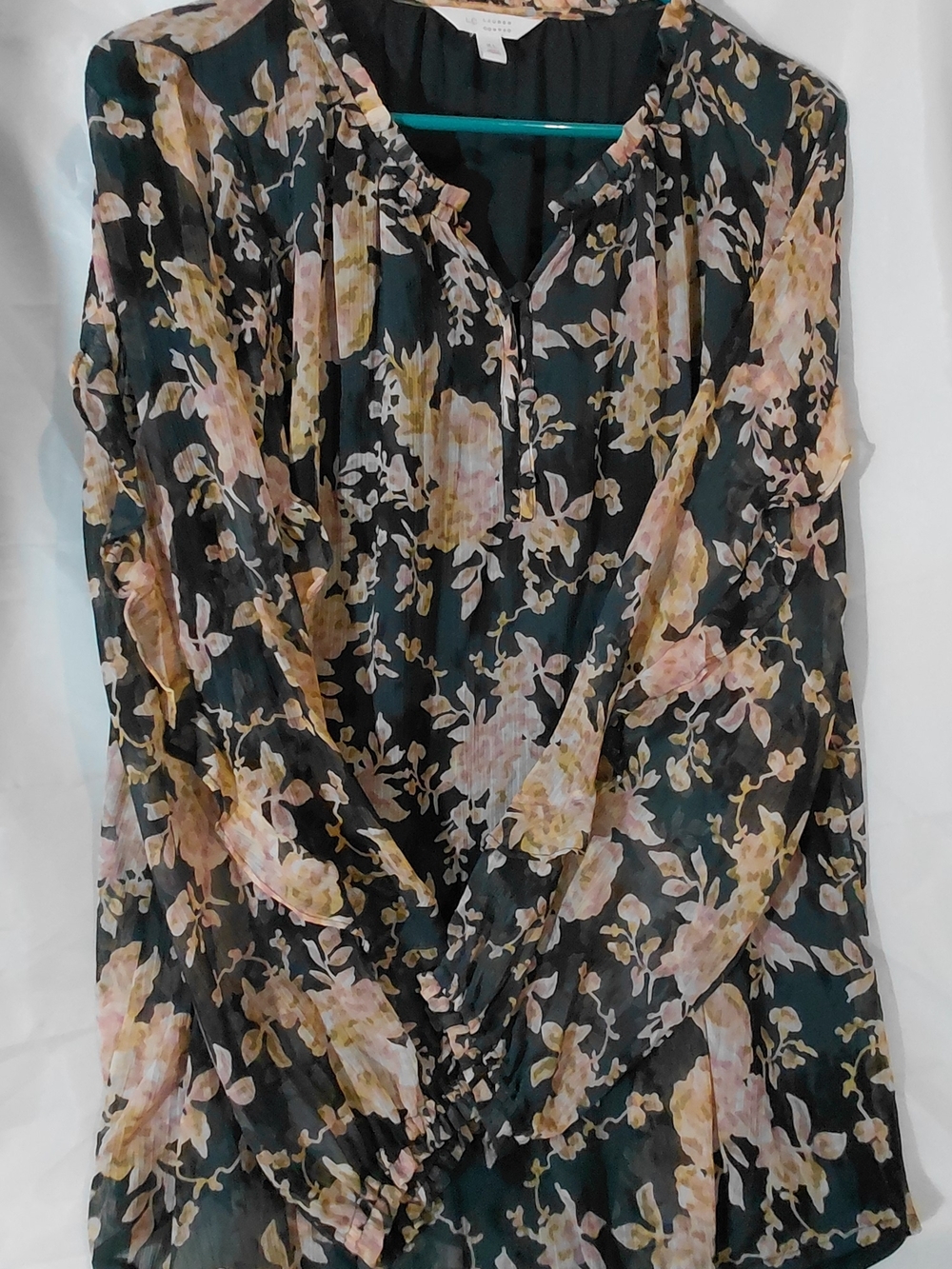 LC Lauren Conrad Black Floral Blouse with Pink & Cream Blooms - Picture 7 of 15